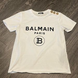 Balmain Logo Button Shoulder White T-Shirt